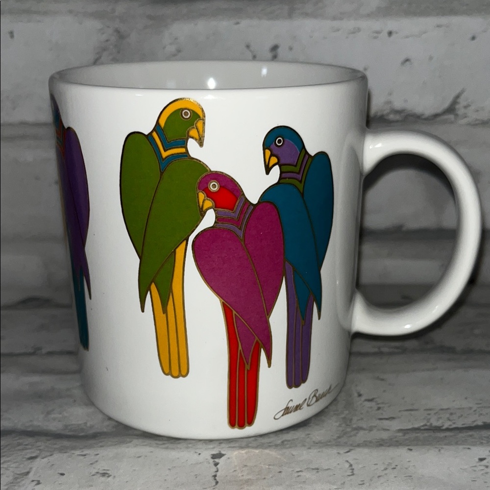 Laurel Burch Vibrant Parrot Mug 12oz Brazilian Birds white gold multi color
